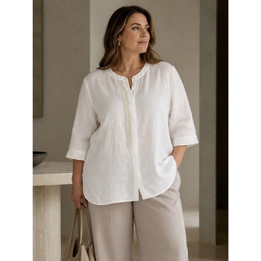 NWT Selection by Ulla Popken White 100% Linen Beaded Tunic Blouse Plus Sz 20/22